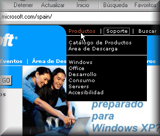 Fragmento de web de microsoft con menú desplegable, activado por ratón.