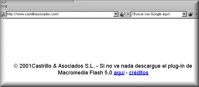 Imagen de la página. El único texto visible dice 'Si no ve nada descargue el plug-in de Macromedia Flash 5.0 aquí - créditos'.