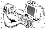 Dibujo de un mono jugueteando con un ordenador.