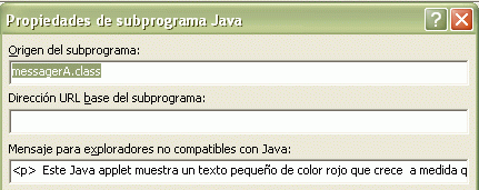 Caja de diálogo: Propiedades de subprograma Java