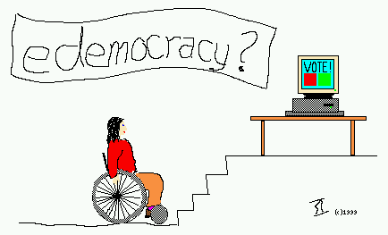 Una persona en silla de ruedas intenta llegar a un ordenador que hay arriba de unas escaleras, para poder votar electrónicamente.