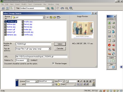Cuadro de diálogo de insersión de imagen en Dreamweaver.