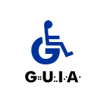 Logosmbolo de GUIA. La inicial G conforma la rueda de una silla sobre la que se sienta una persona. Debajo, las siglas GUIA y ese texto tambin en braille.