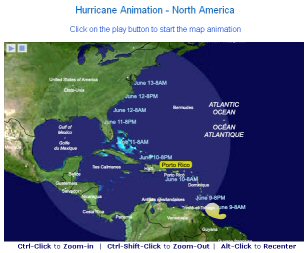 Vista de una aplicacin en SVG que presenta una animacin de la evolucin de un huracn en Norte Amrica.