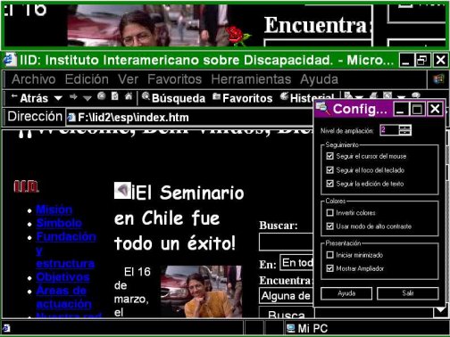 Vista de pantalla que usa la opción de alto contraste + la lupa de Window 2000.