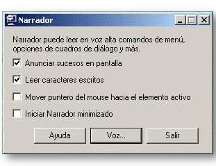 Vista del panel de configuración del Narrador de Windows 2000