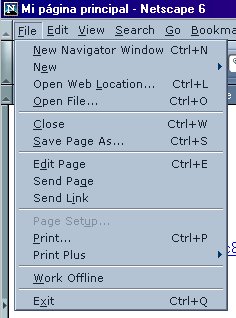 Vista de men de Netscape que muestra los atajos de teclado definidos para cada opcin.