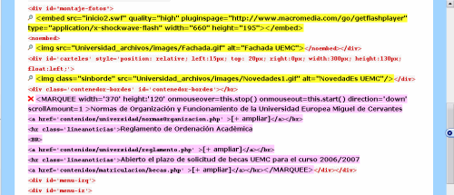 Vista de del código fuente de una página web, con los fallos resaltados.