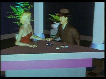Infografía que representa a Marylin Monroe y Humprey Bogart en una escena de una película.