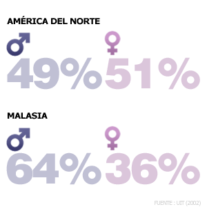 En Amrica del Norte, el 49% de los usuarios de internet son hombres, frente al 51 que son mujeres; en cambio en Malasia,  el 64% son hombres, frente al 36% de mujeres usuarias.