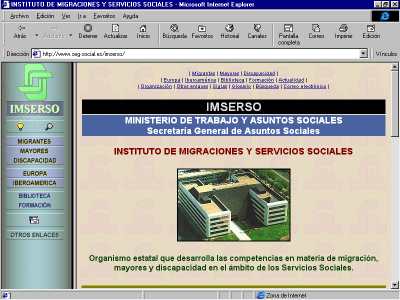 Vista de la página principal de la sede web del IMSERSO en 1998.