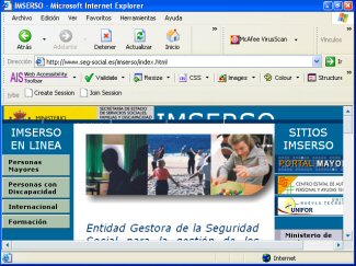 Vista de la página principal del IMSERSO en una resolución de 640x480.