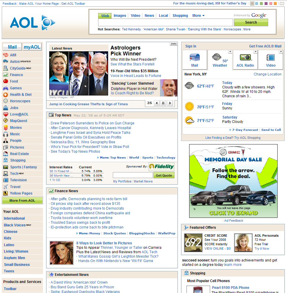 Vista de la página inicial de AOL en el año 2007.