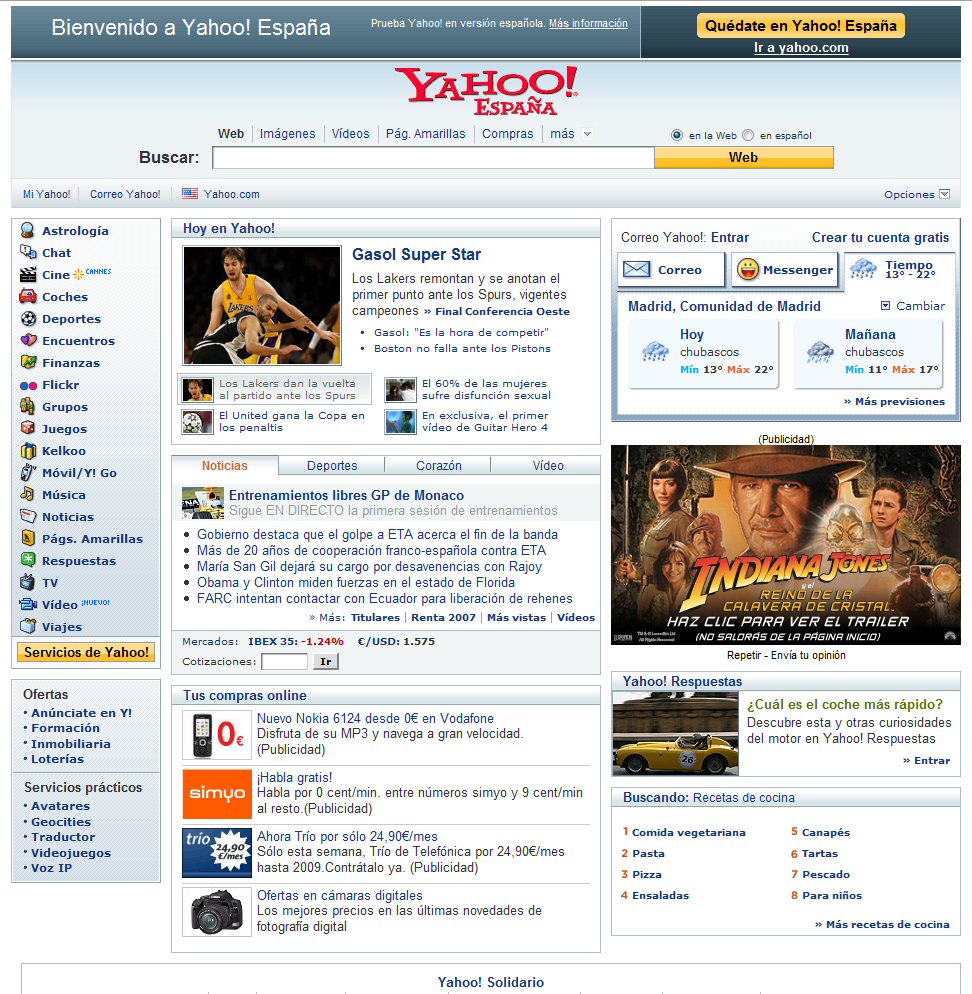 Vista de la página inicial de yahoo en el año 2000.