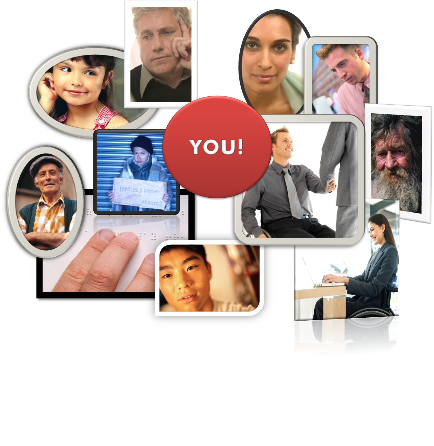 personas diversas y en medio la palabra en inglés 'you'. 