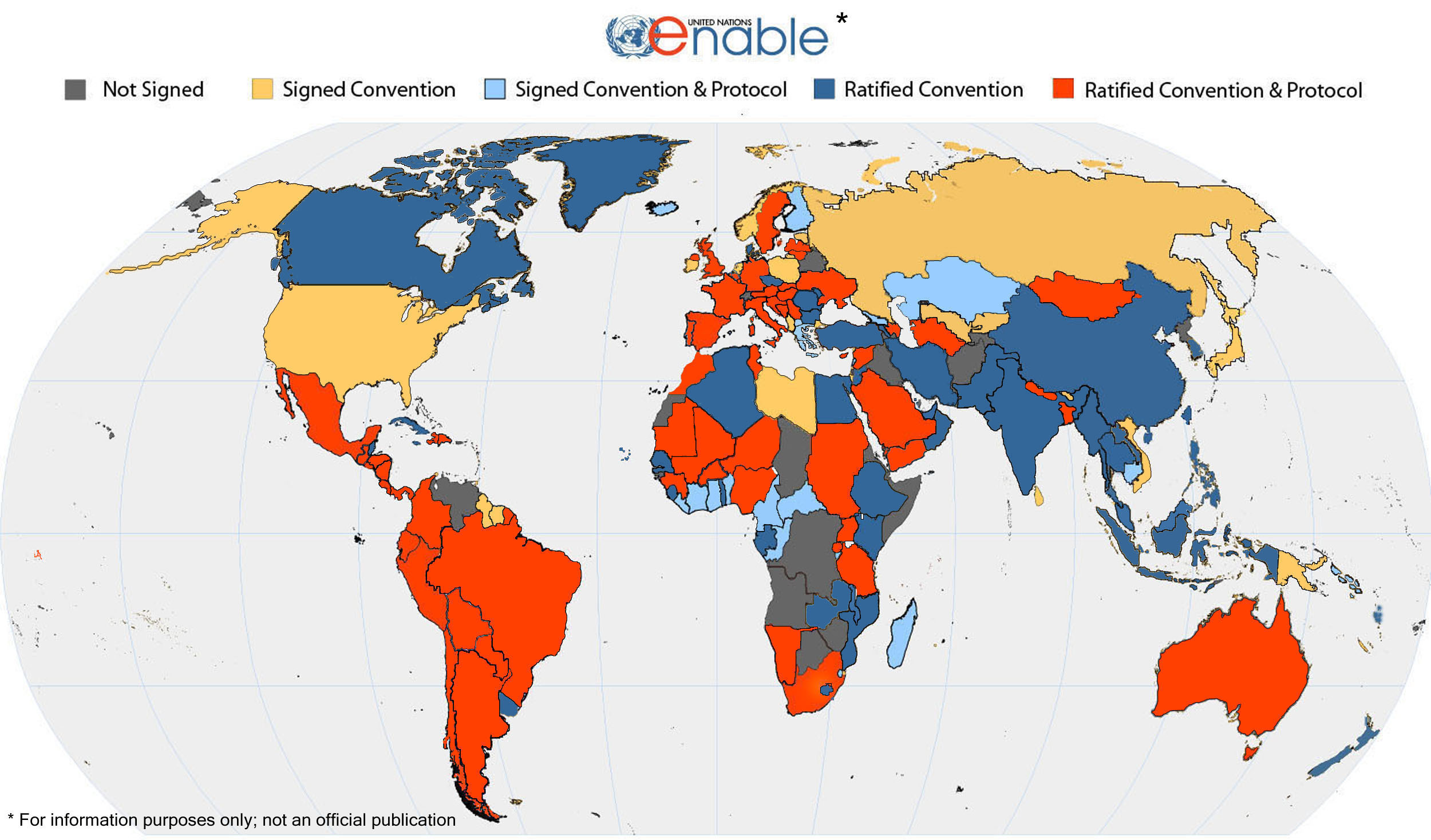 Mapa de firmas de la Convención de Derechos de las Personas con Discapacidad al 8 de junio de 2012.
