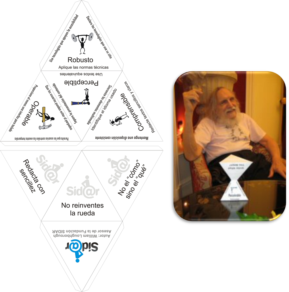 Foto de William Loughborough mostrando el tetraedro diseñado por él para recordar las pautas de accesibilidad y vista del modelo para construirlo.