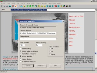 Vista de Amaya con el cuadro de diálogo de preferencias generales desplegado.