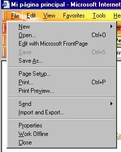 Vista de menú en Internet Explorer que muestra los atajos de teclado para cada una de las opciones.