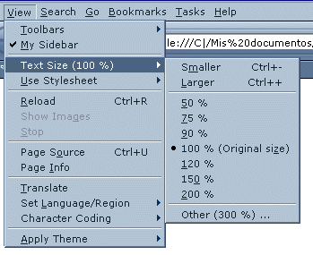 Menú en Netscape, con opción para ampliar el tamaño del texto.