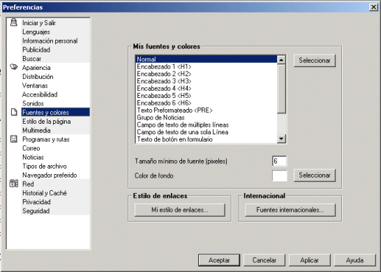 vista del cuadro de diálogo de preferencias, en Opera 6.01