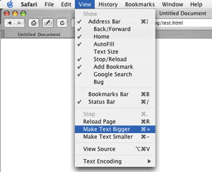 Safari: Captura de las opciones de ampliación de texto.