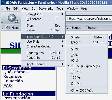 Vista del menú de Mozilla que facilita modificar el tamaño del texto.