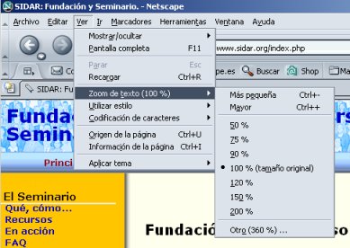 Vista del menú de Netscape 7 que facilita modificar el tamaño del texto.