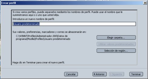 Vista del cuadro de diálogo de configuración de un nuevo perfil en Netscape 7.